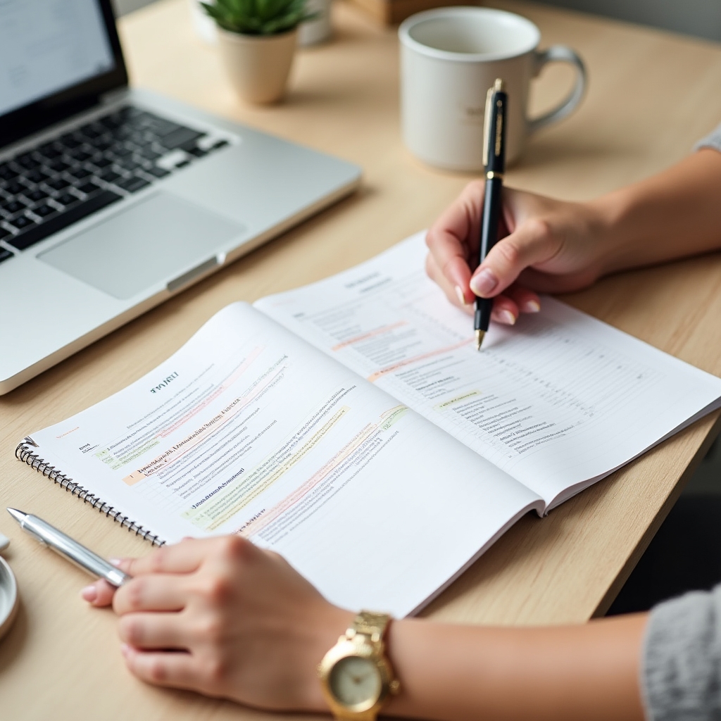 Facilitator preparing a structured meeting agenda with project documents and notes spread on a clean desk