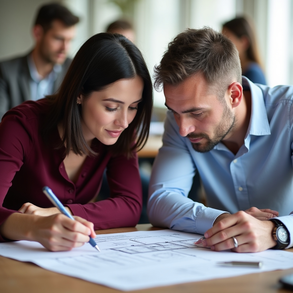 Close-up of cooperative members engaged in focused discussion with documents and notes visible on the table
