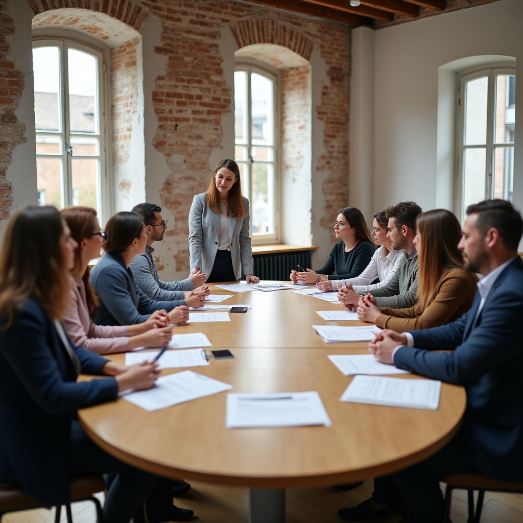 Diverse group of cooperative members gathered around a large table reviewing project documents in a bright meeting space