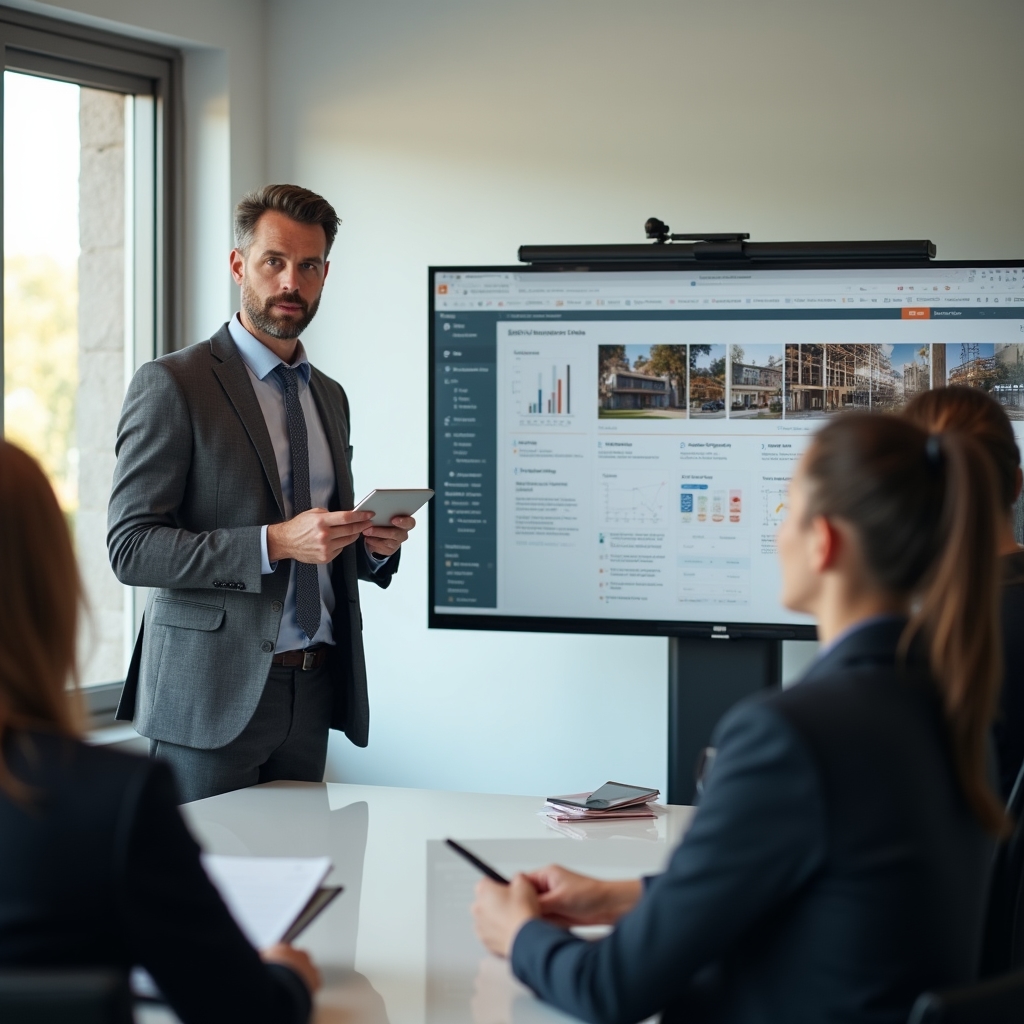 Developer confidently presenting project status with structured facilitation support