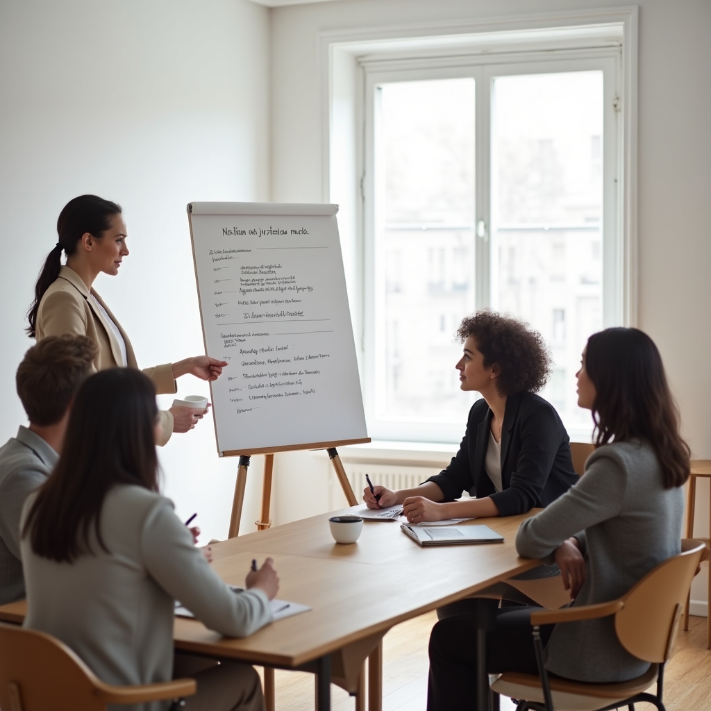 Facilitator leading a structured investor meeting with clear agenda displayed