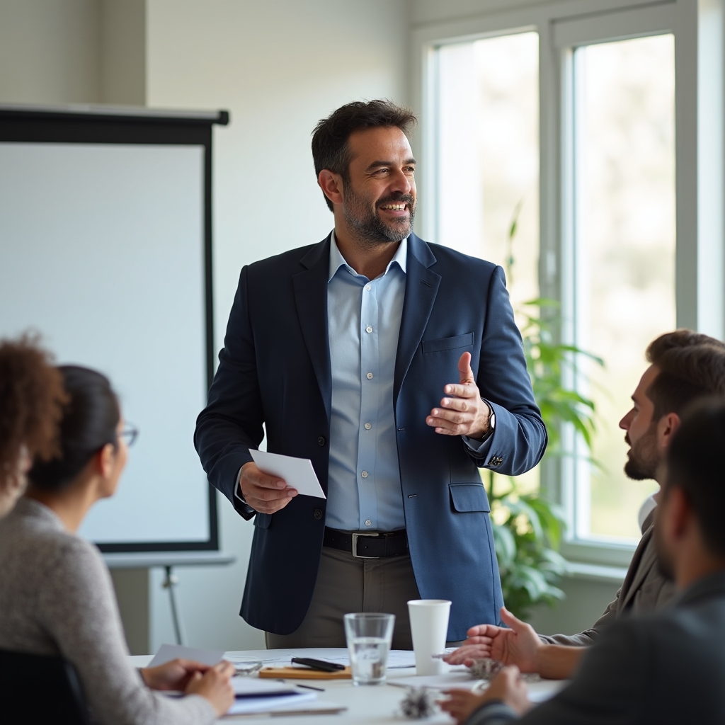 Professional moderator actively managing investor Q&A session with calm authority in a bright meeting room