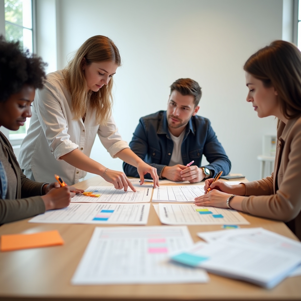 Workshop session on meeting agenda design with participants working at tables with printed templates and markers